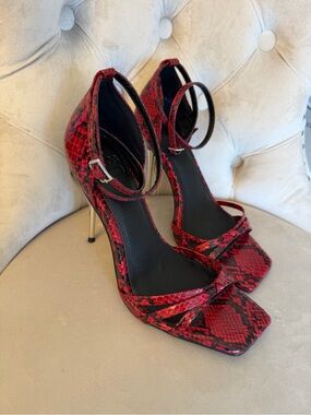 ASOS Red Snakeskin Ankle-Strap Stiletto metal heel heeled a sandals US 7